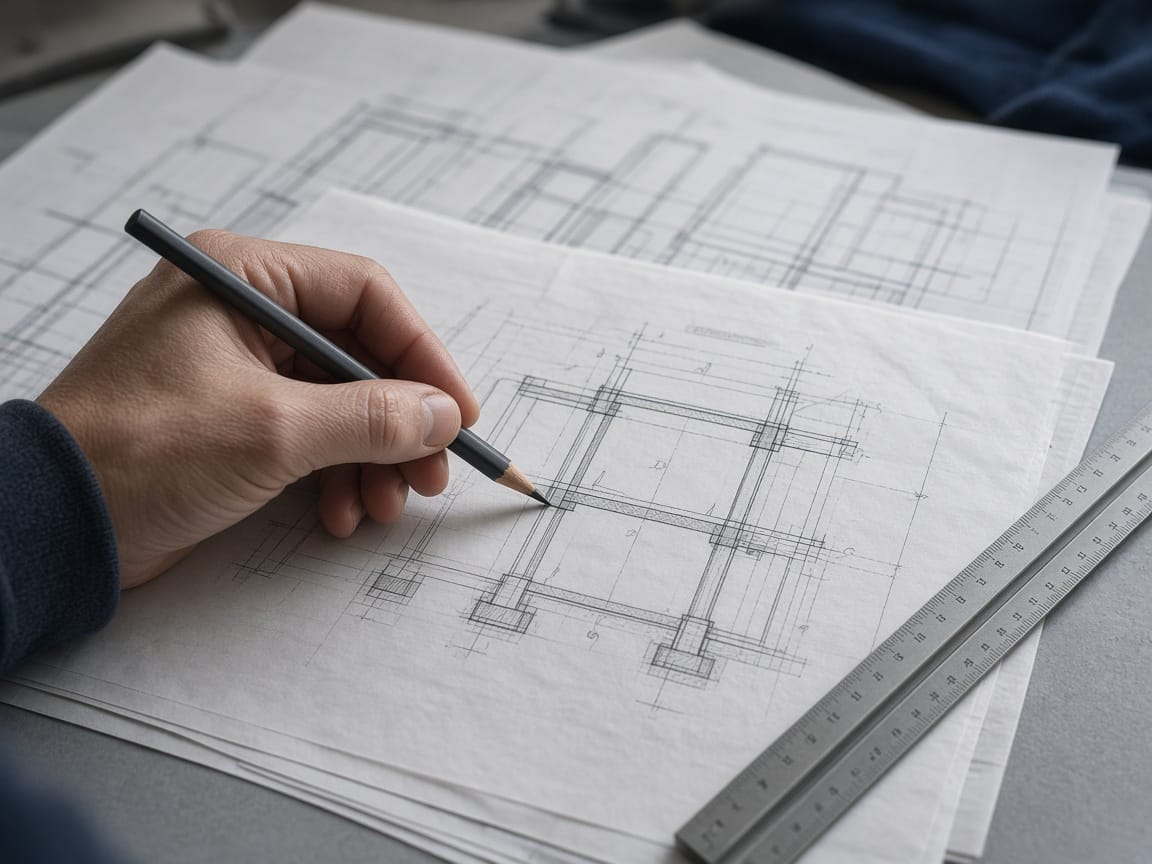 Engineer sketching a building section over structural drawings