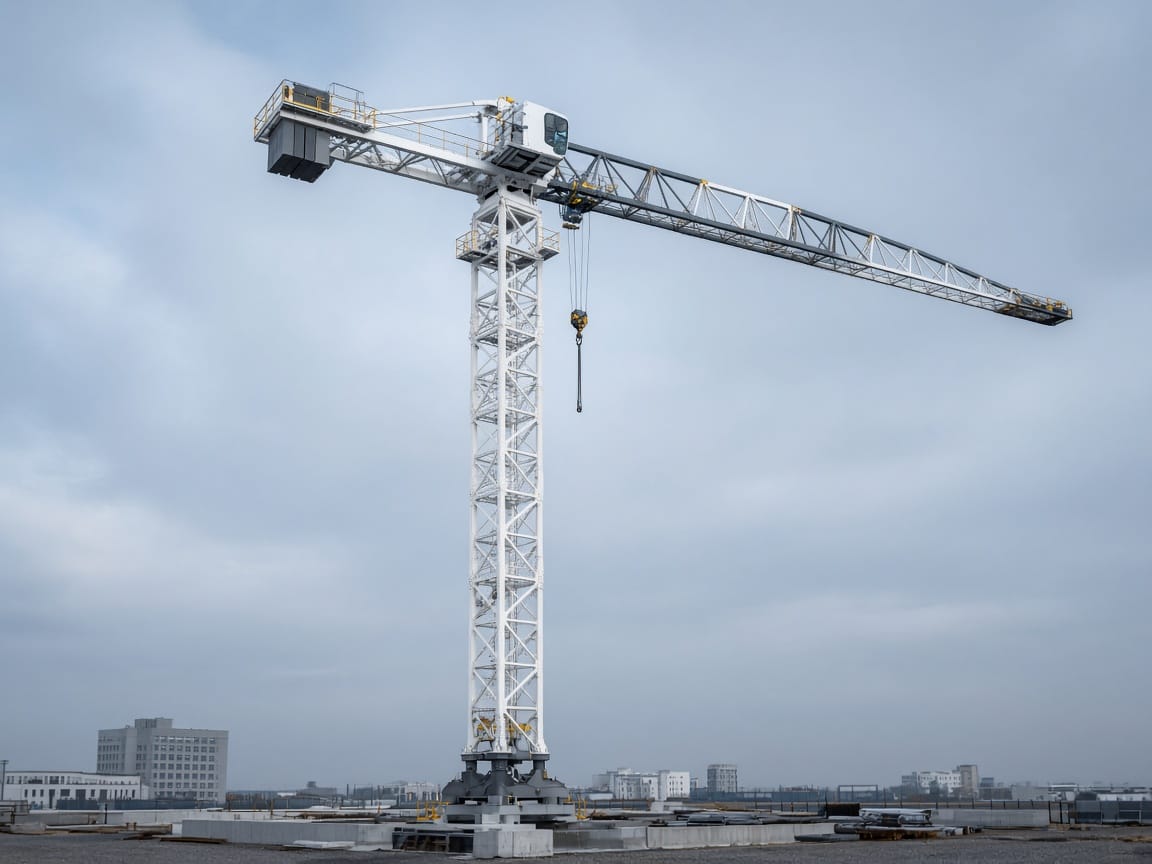 White flat-top tower crane standing on a construction site