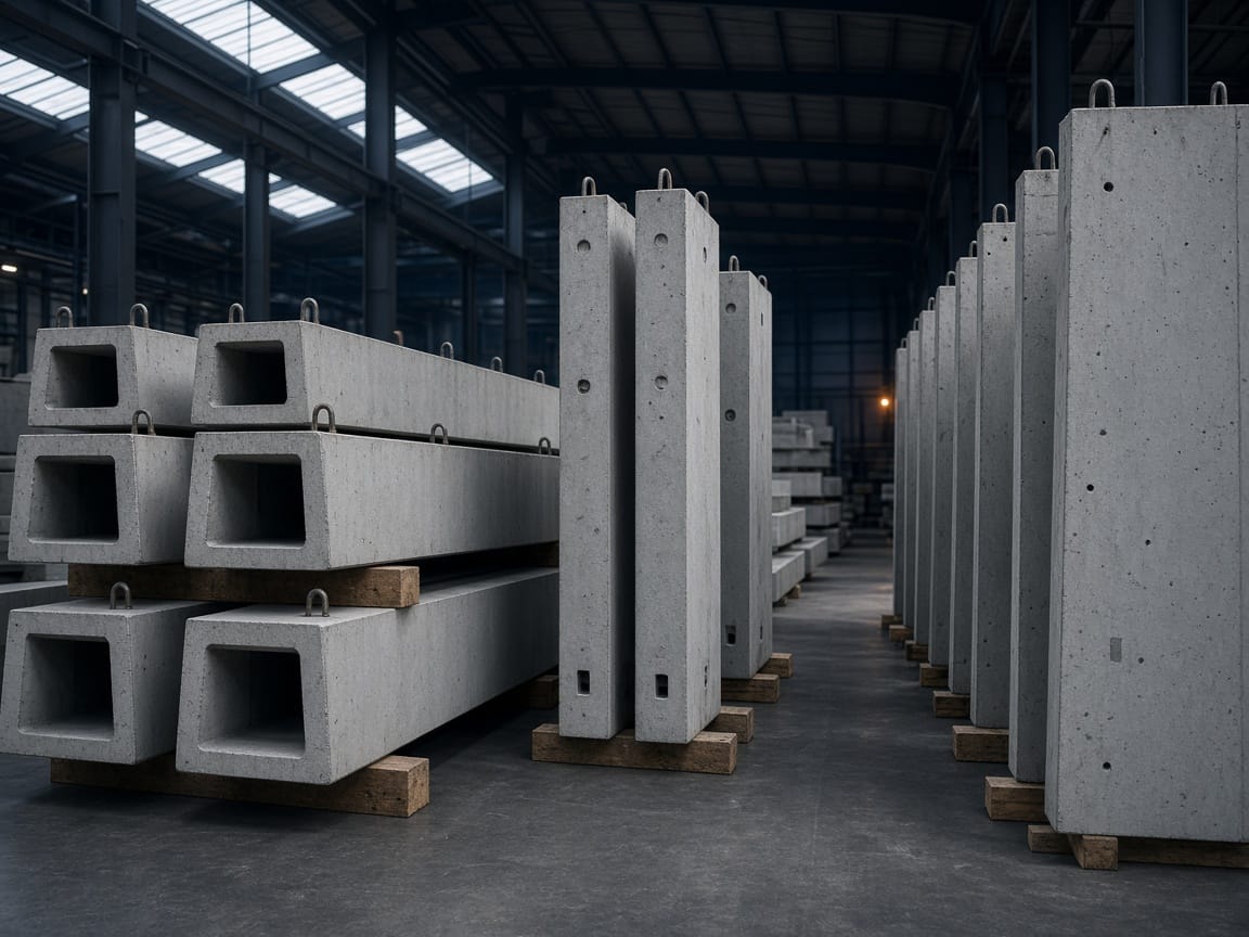 Precast concrete beams and wall panels stacked in a factory hall