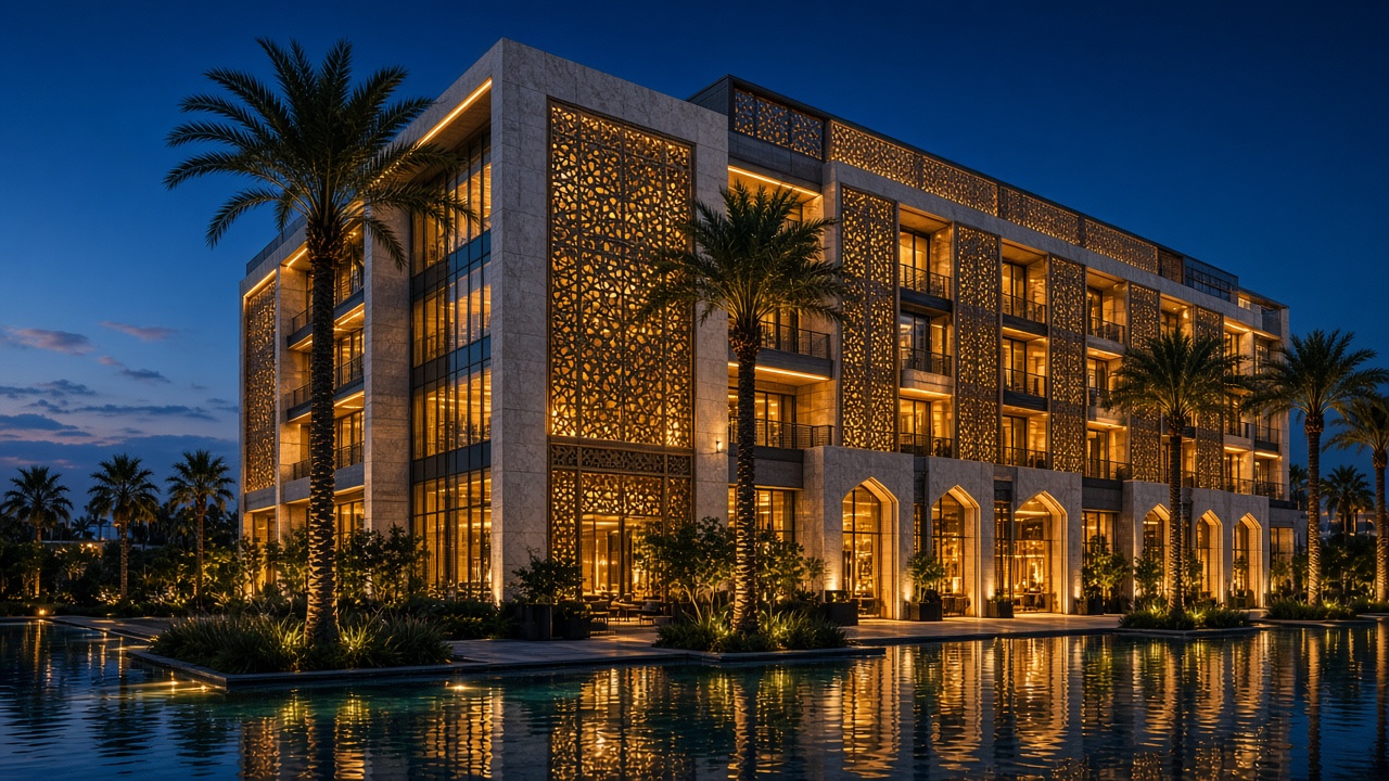 Modern mixed-use building illuminated at night