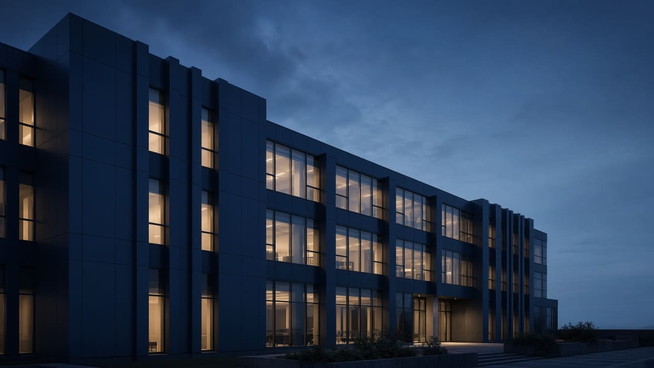 Modern corporate building facade at blue hour